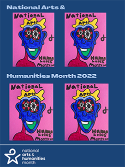 On a dark blue background, the same image is repeated four times. The image is a drawing of a person in in blue and red with checkboard eyes. The person is wearing a yellow crown.